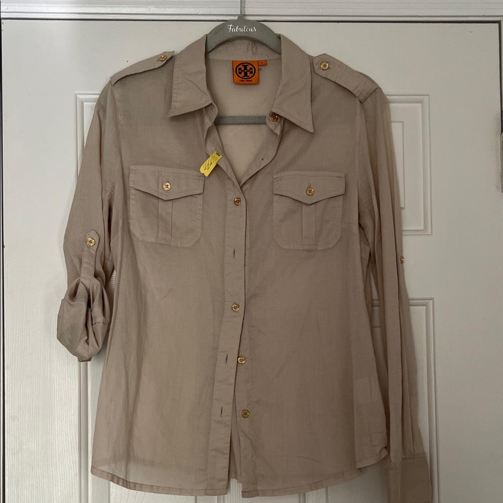 Tory Burch Cream Shirt with Logo Tag